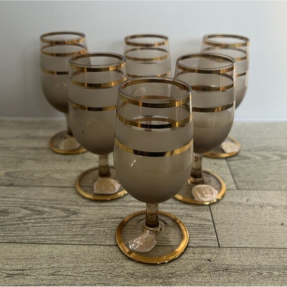 Vintage Bohemia Smoke Gray Frosted Gold Band Cordial Glasses Set of 6 Czech - Picture 1 of 7